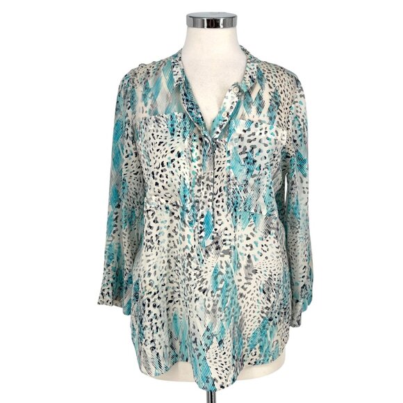 Rebecca Taylor Animal Print Silk Blouse Aqua Blue White Size 10 - Picture 1 of 16